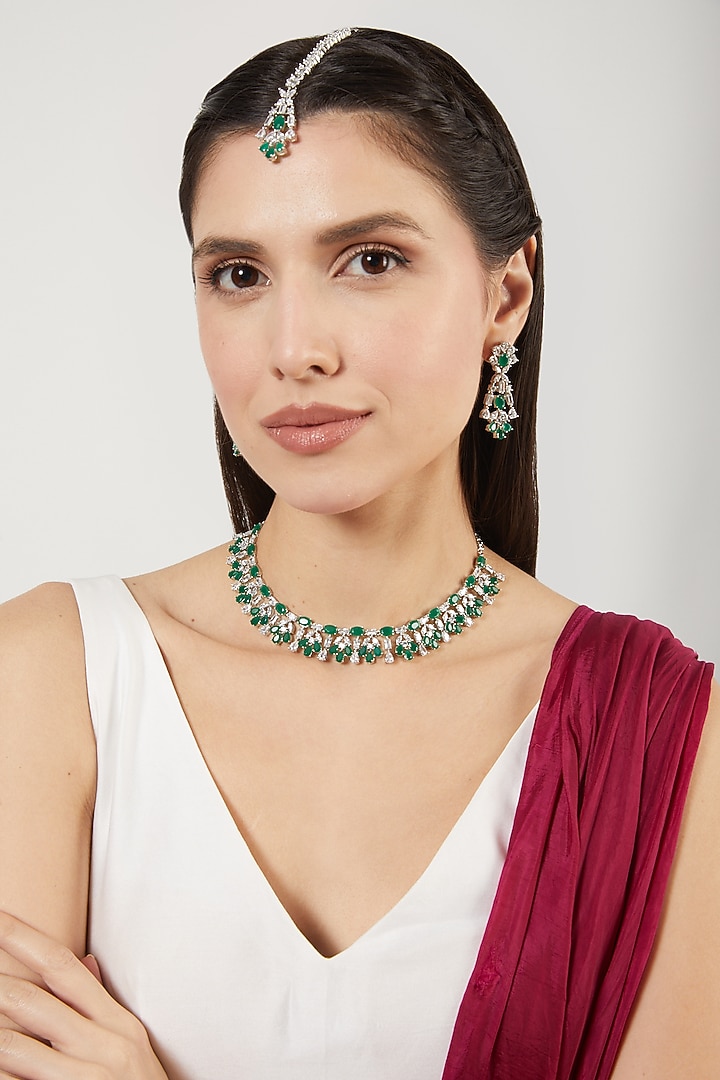 White Finish Zircon & Green Stone Choker Necklace Set by Aster at Pernia's Pop Up Shop