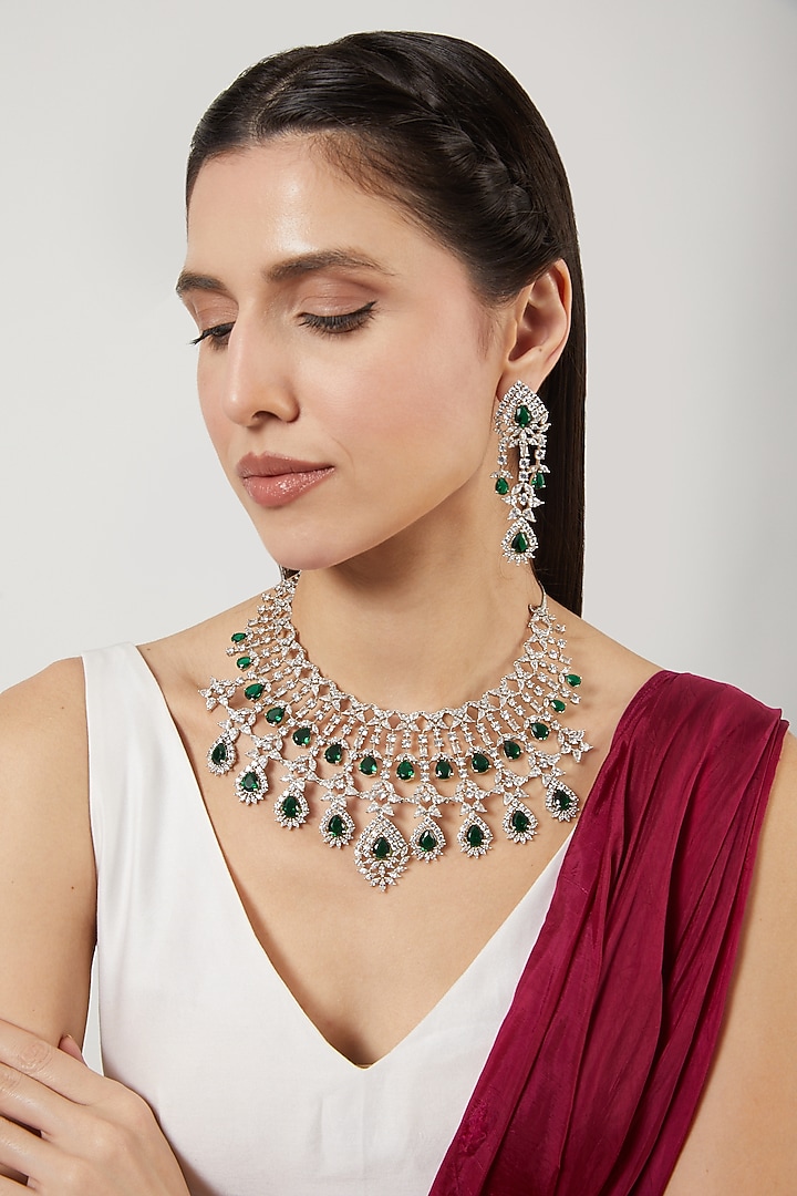 White Finish Zircons & Green Stone Choker Necklace Set by Aster at Pernia's Pop Up Shop