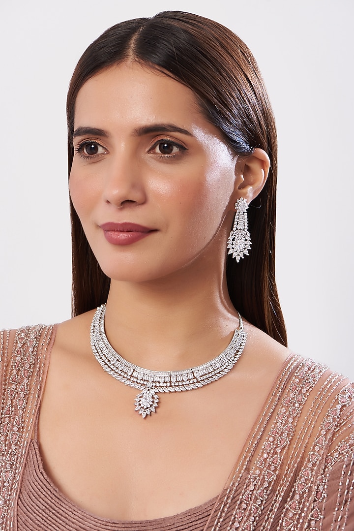 White Finish Necklace Set With Zircons by Aster at Pernia's Pop Up Shop