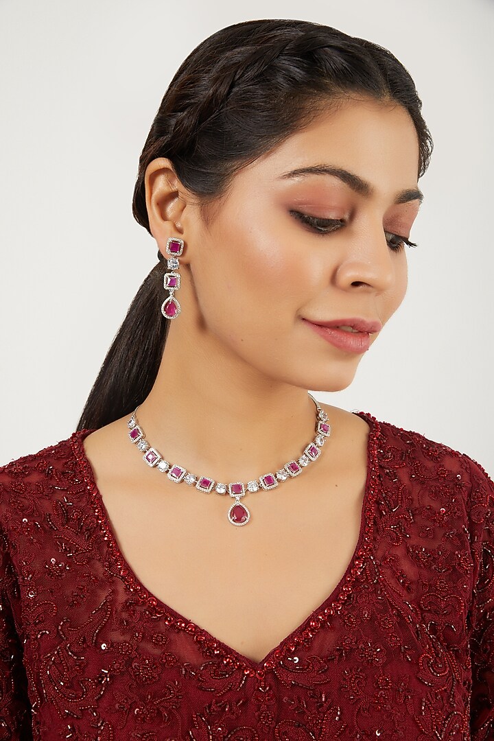 White Finish Pink Stone & Zircons Necklace Set by Aster at Pernia's Pop Up Shop