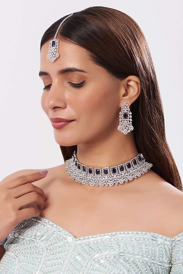 White Finish Zircon & Blue Stone Choker Necklace Set by Aster at Pernia's Pop Up Shop