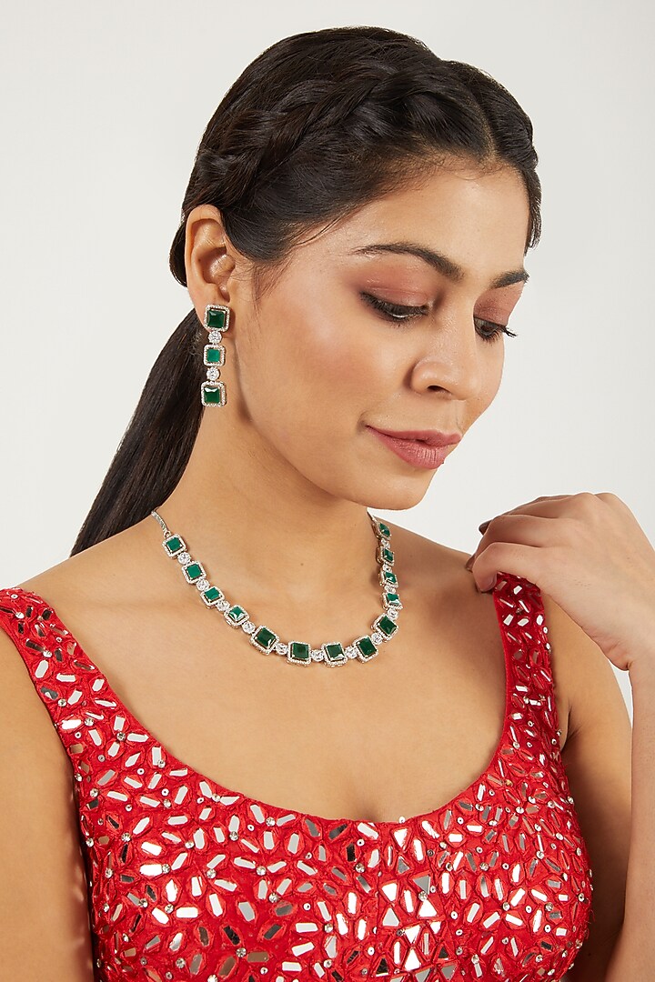 White Finish Green Stone & Zircon Necklace Set by Aster at Pernia's Pop Up Shop