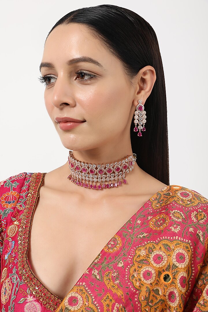 Rose Gold Finish Red Stones Choker Necklace Set by Aster at Pernia's Pop Up Shop