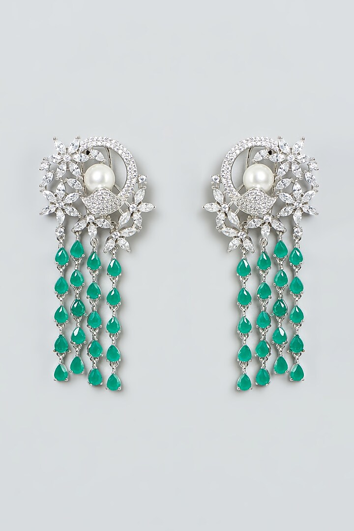 White Finish Zircon & Green Stone Dangler Earrings by Aster at Pernia's Pop Up Shop