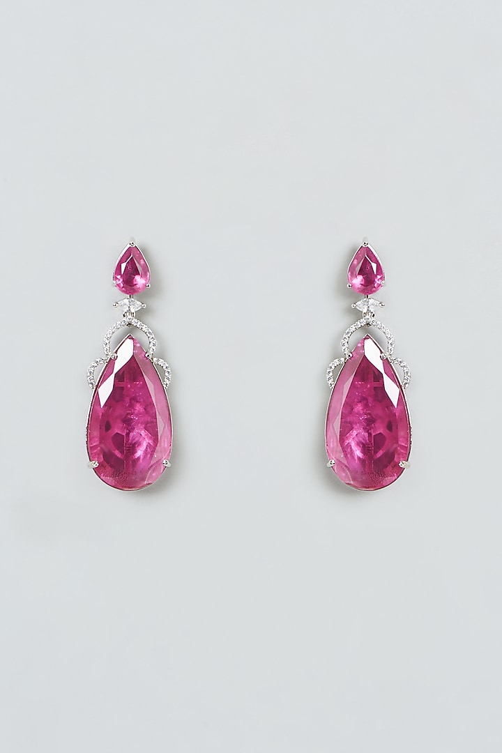 White Finish Zircon & Red Stone Dangler Earrings by Aster at Pernia's Pop Up Shop