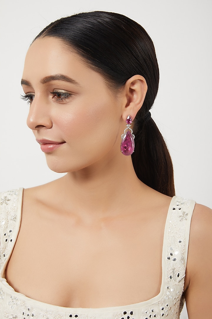 White Finish Zircon & Red Stone Dangler Earrings by Aster at Pernia's Pop Up Shop