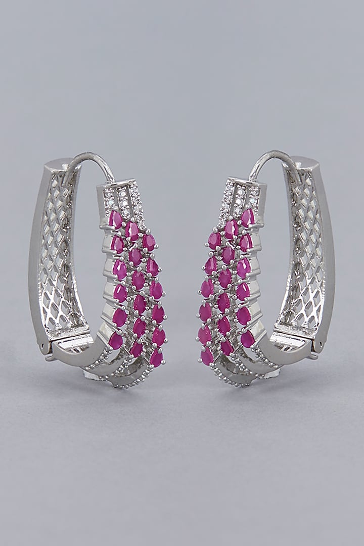 White Finish Zircon & Ruby Synthetic Stone Hoop Earrings by Aster at Pernia's Pop Up Shop