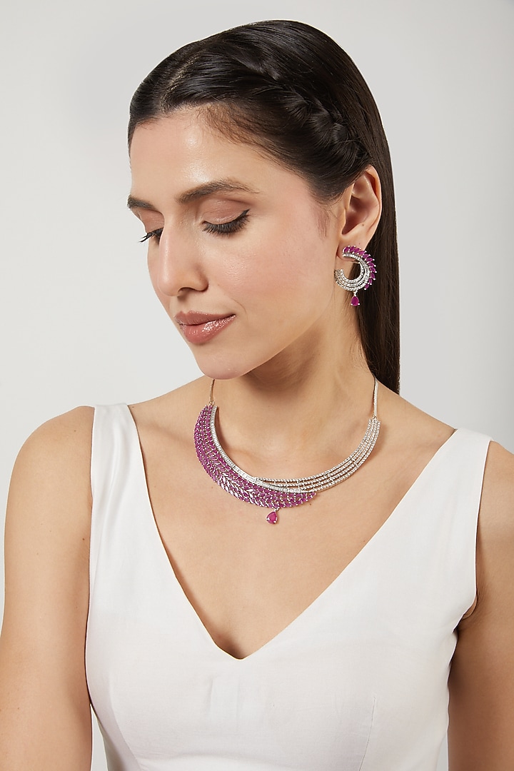White Finish Zircon & Red Stone Necklace Set by Aster at Pernia's Pop Up Shop