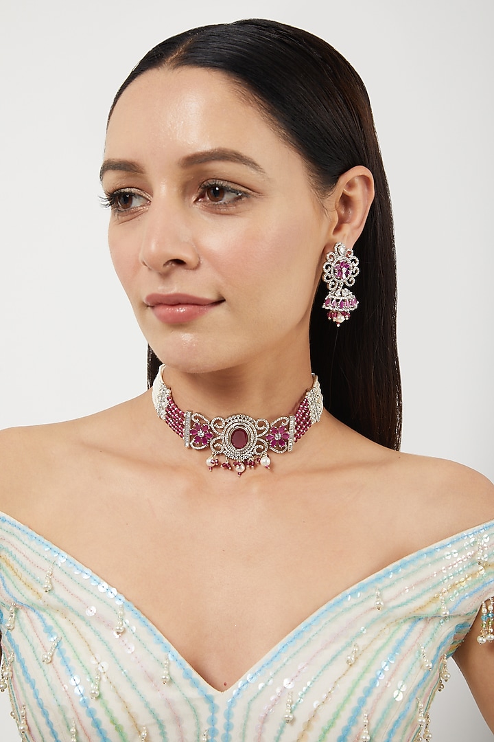 White Finish Pink Stone & Pearl Choker Necklace Set by Aster at Pernia's Pop Up Shop