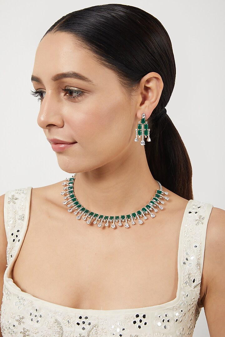 White Finish Zircon & Green Stone Necklace Set by Aster at Pernia's Pop Up Shop