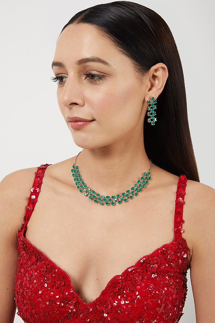 White Finish Green Drop Stones & Zircon Necklace Set by Aster at Pernia's Pop Up Shop