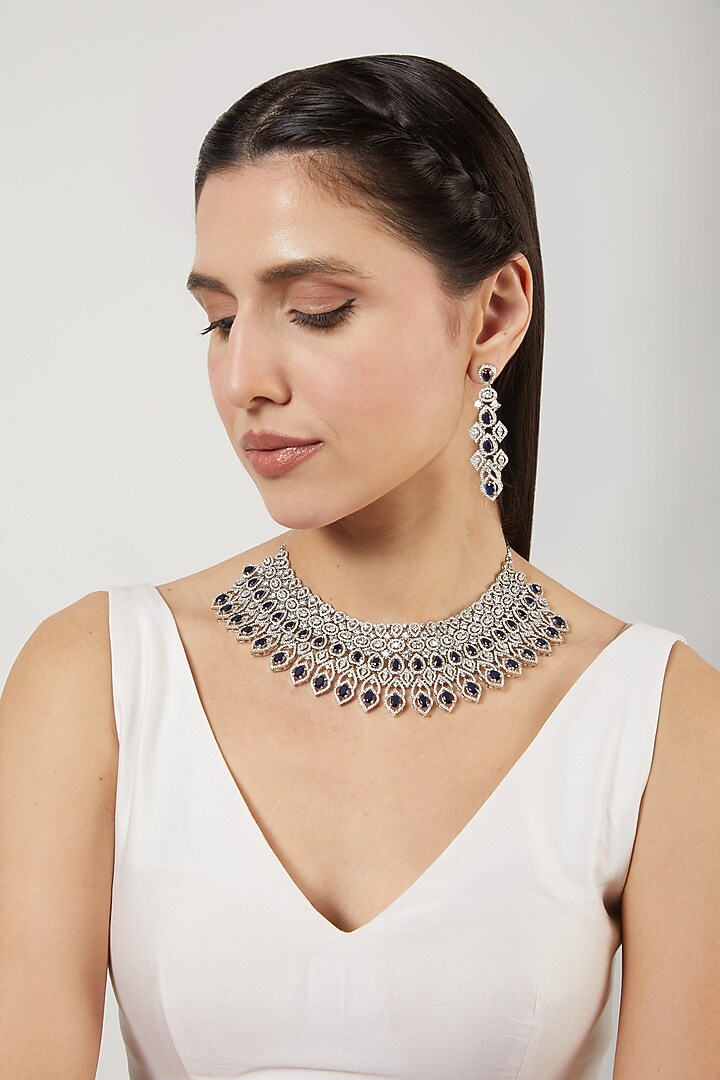 White Finish Blue Stone & Zircons Choker Necklace Set by Aster at Pernia's Pop Up Shop