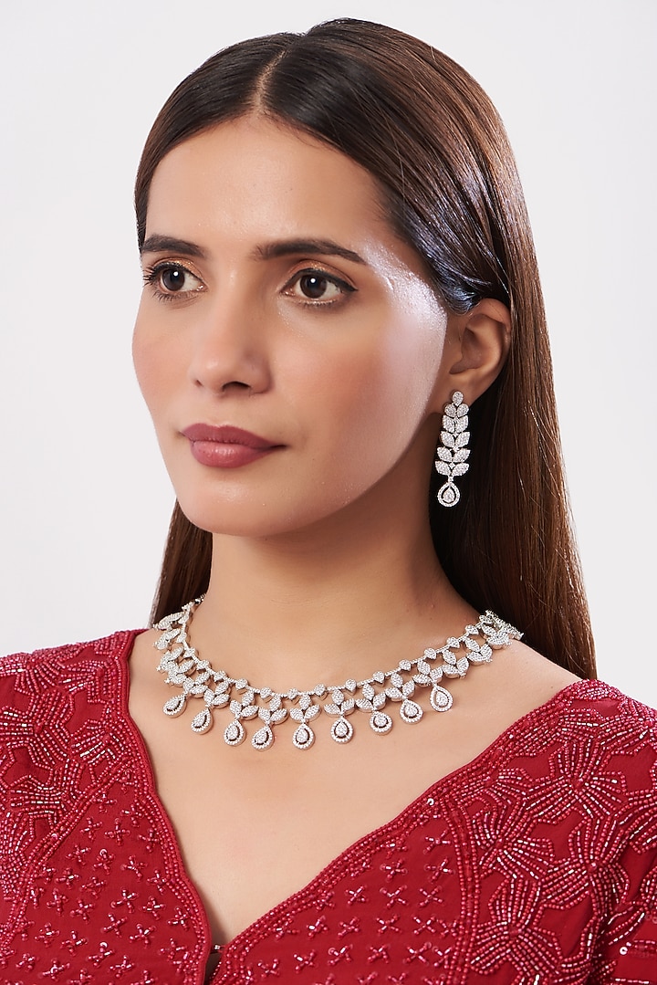 White Finish Faux Diamonds Necklace Set In Mixed Metal Design by Aster