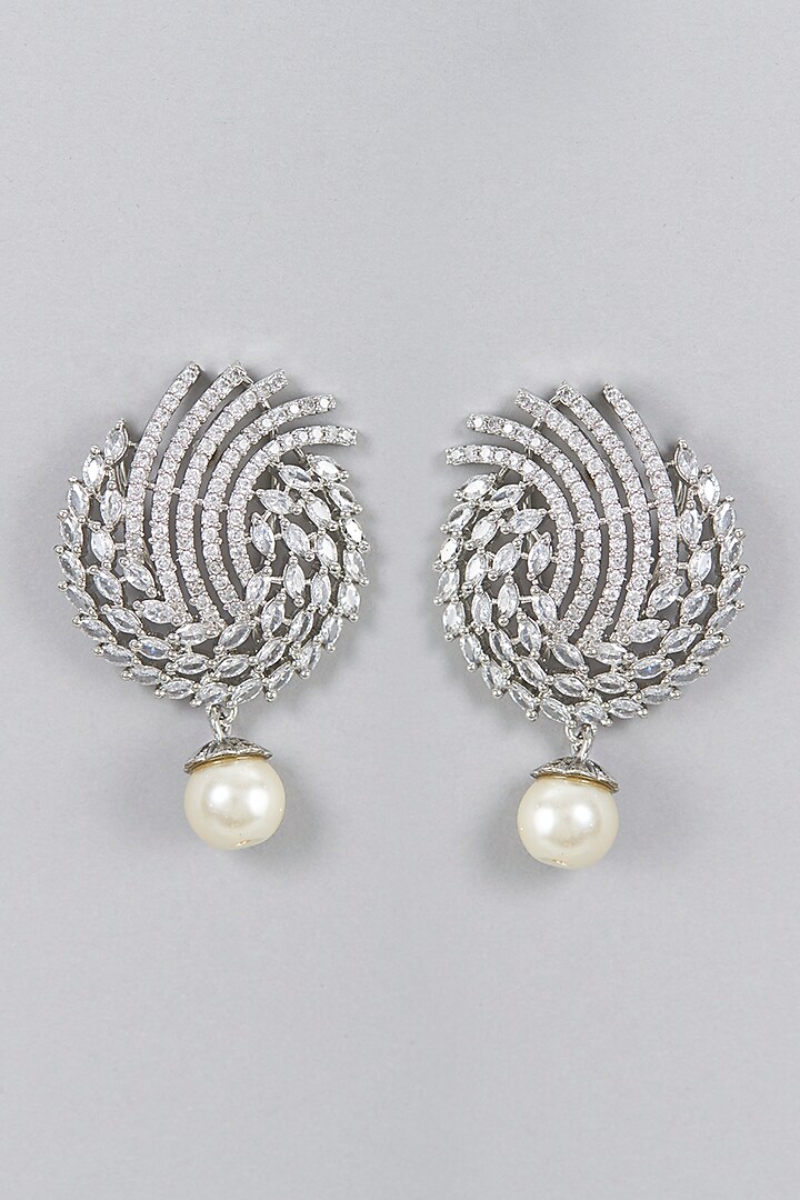White Finish Zircon & Pearl Dangler Earrings by Aster at Pernia's Pop Up Shop