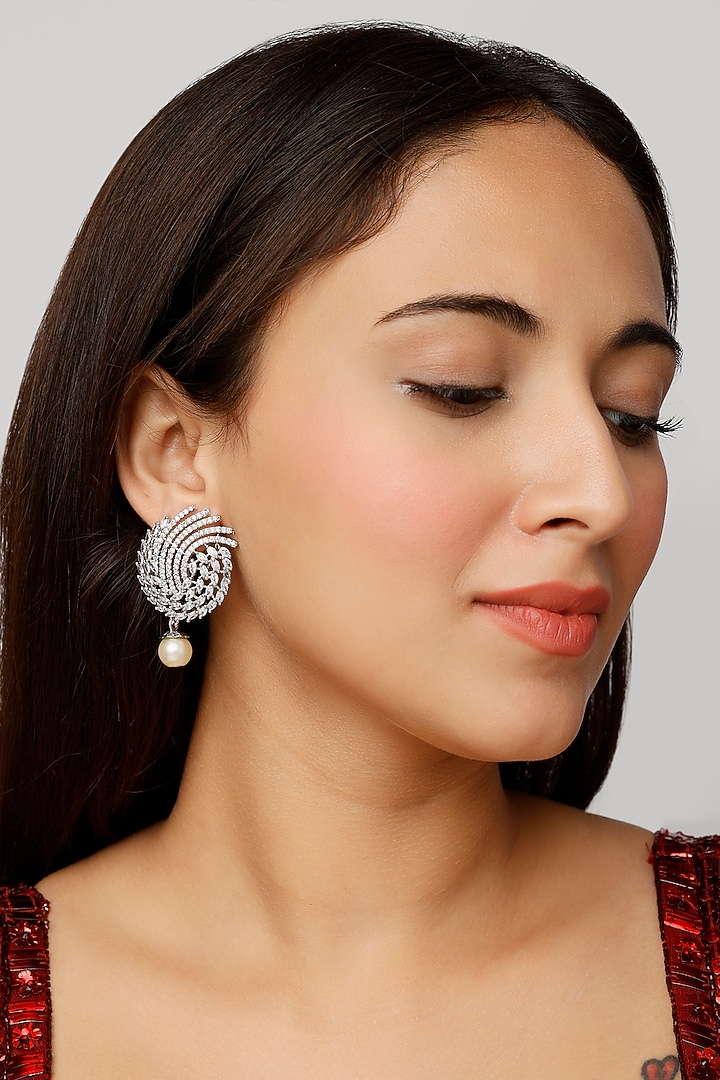 White Finish Zircon & Pearl Dangler Earrings by Aster at Pernia's Pop Up Shop