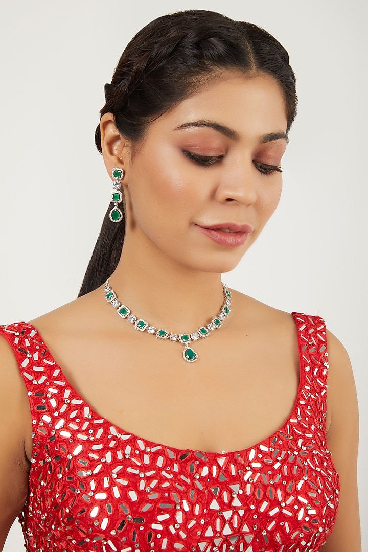 White Finish Green Stones Necklace Set by Aster at Pernia's Pop Up Shop