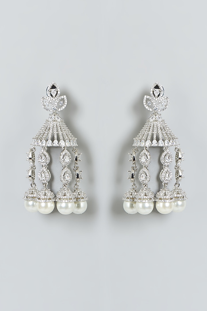 White Finish Zircon & Pearl Dangler Earrings by Aster at Pernia's Pop Up Shop
