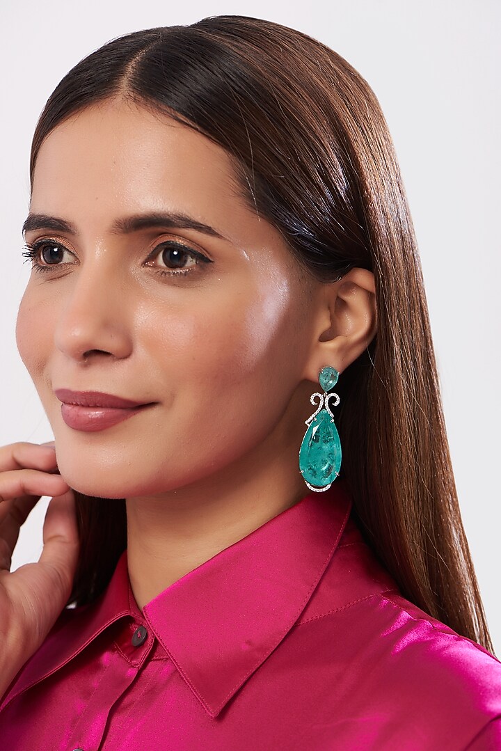 White Finish Aqua Stone Dangler Earrings by Aster at Pernia's Pop Up Shop