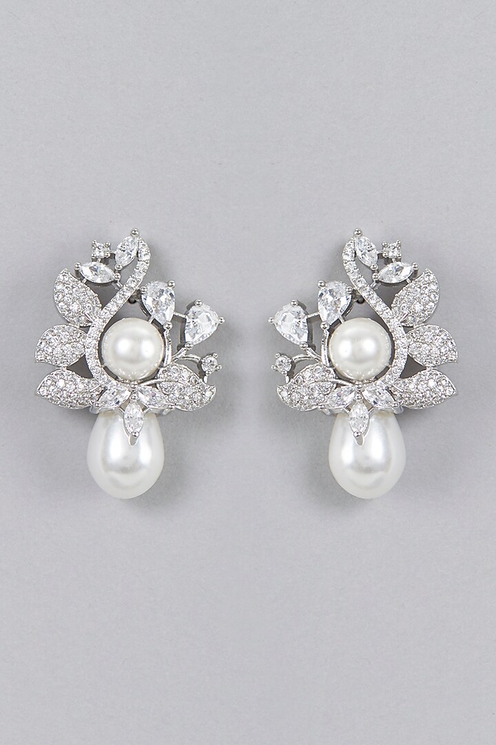 White Finish Zircon & Pearl Dangler Earrings by Aster at Pernia's Pop Up Shop