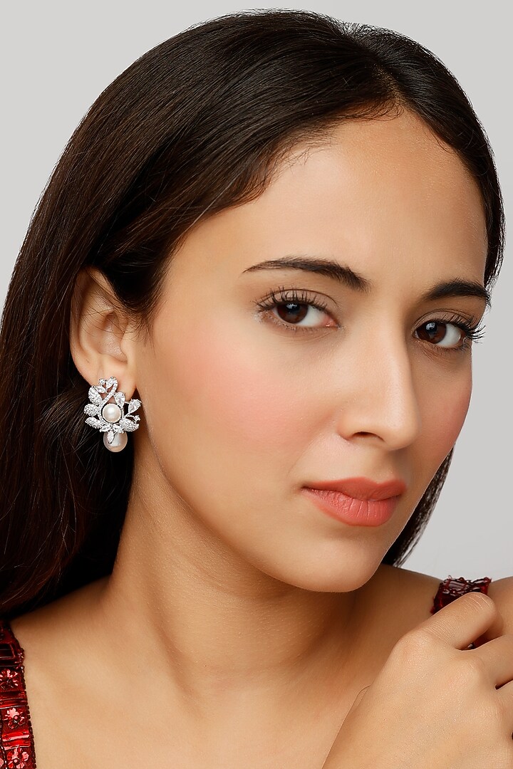 White Finish Zircon & Pearl Dangler Earrings by Aster at Pernia's Pop Up Shop