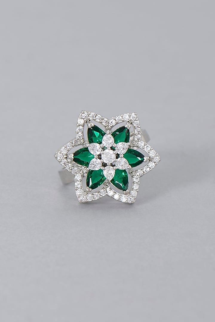 White Finish Zircon & Green Synthetic Stone Ring by Aster at Pernia's Pop Up Shop