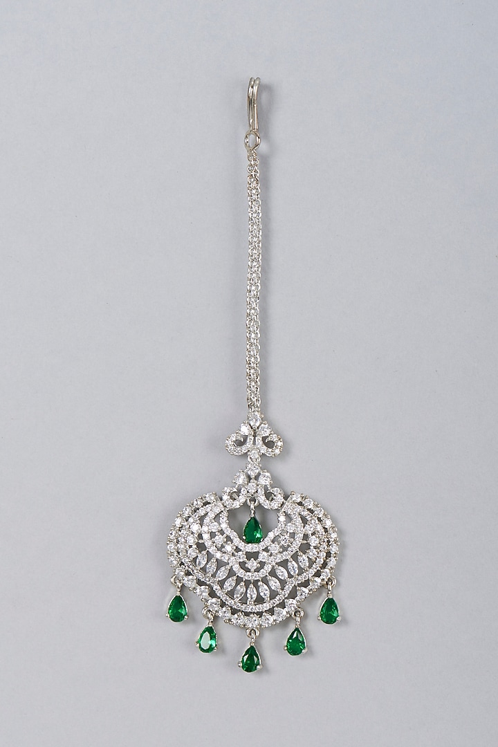 White Finish Green Stone Maangtikka by Aster at Pernia's Pop Up Shop