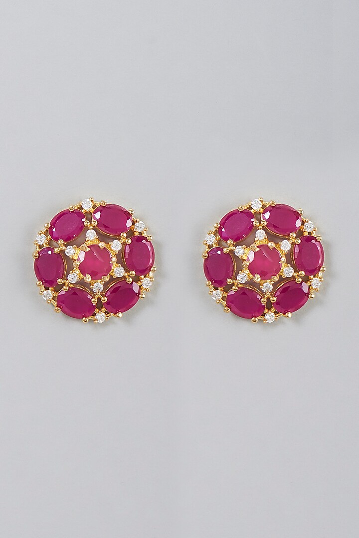 Gold Finish Ruby Synthetic Stud Earrings by Aster at Pernia's Pop Up Shop
