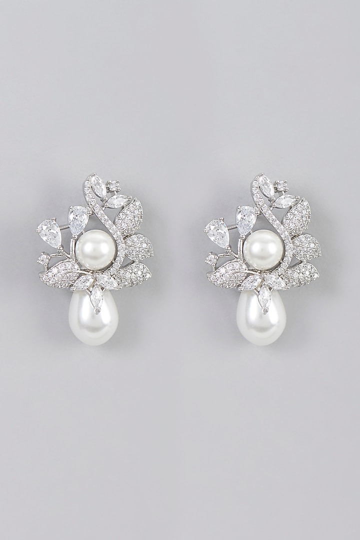 White Finish Zircon & Pearl Dangler Earrings by Aster at Pernia's Pop Up Shop
