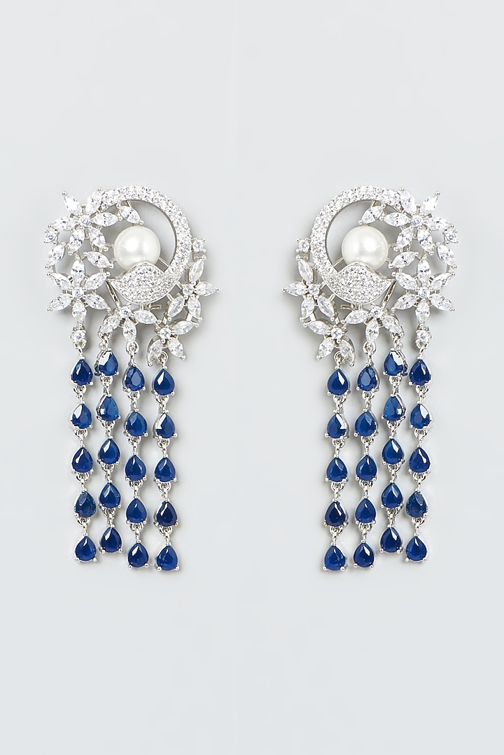 White Finish Zircon & Blue Stone Dangler Earrings by Aster at Pernia's Pop Up Shop