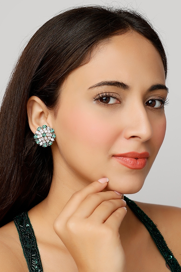 White Finish Zircon & Green Stone Stud Earrings by Aster at Pernia's Pop Up Shop