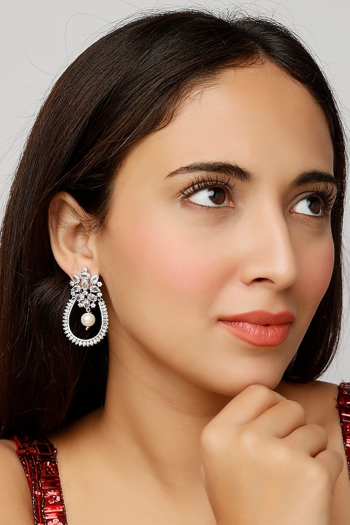 White Finish Pearls & Zircon Dangler Earrings by Aster at Pernia's Pop Up Shop