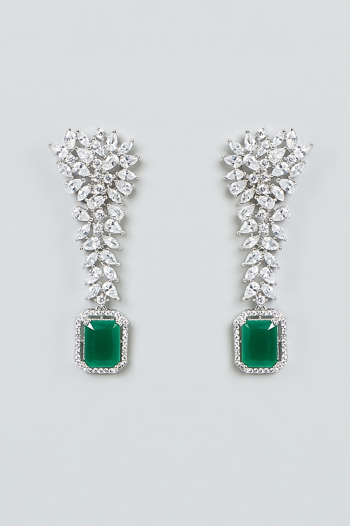 White Finish Green Stones & Zircon Dangler Earrings by Aster