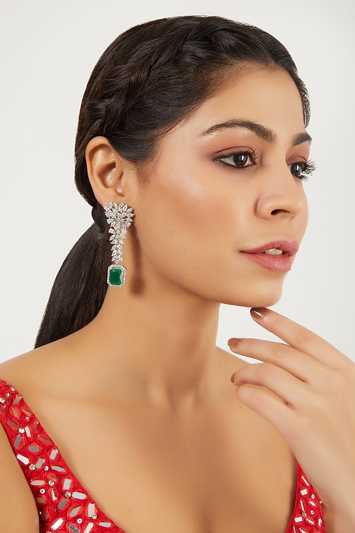 White Finish Green Stones & Zircon Dangler Earrings by Aster at Pernia's Pop Up Shop