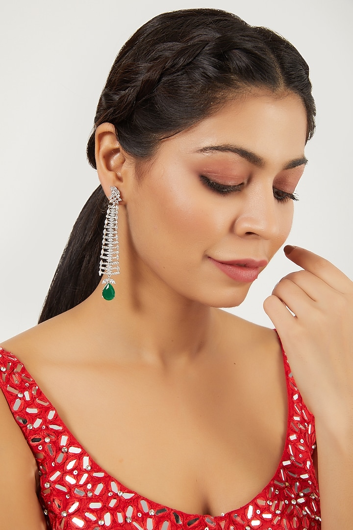 White Finish Zircon & Green Stone Dangler Earrings by Aster at Pernia's Pop Up Shop