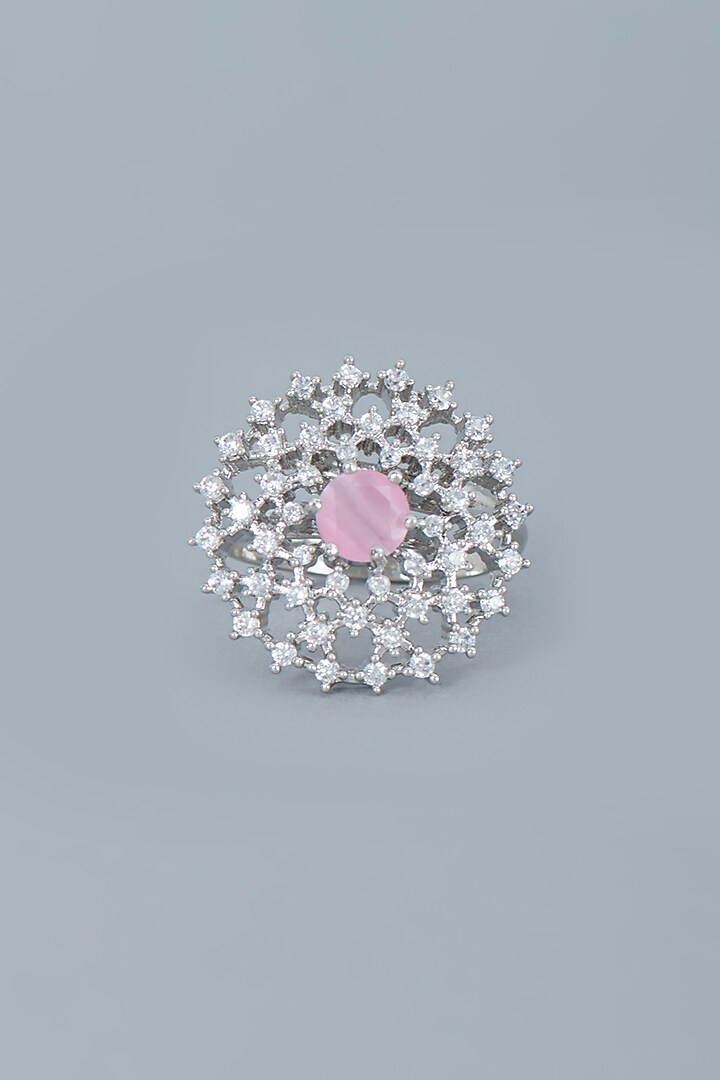 White Finish Pink Synthetic Stone & Zircon Ring by Aster at Pernia's Pop Up Shop