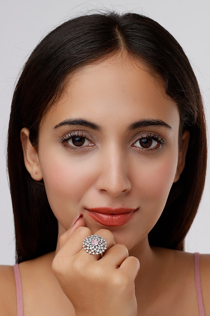 White Finish Pink Synthetic Stone & Zircon Ring by Aster at Pernia's Pop Up Shop