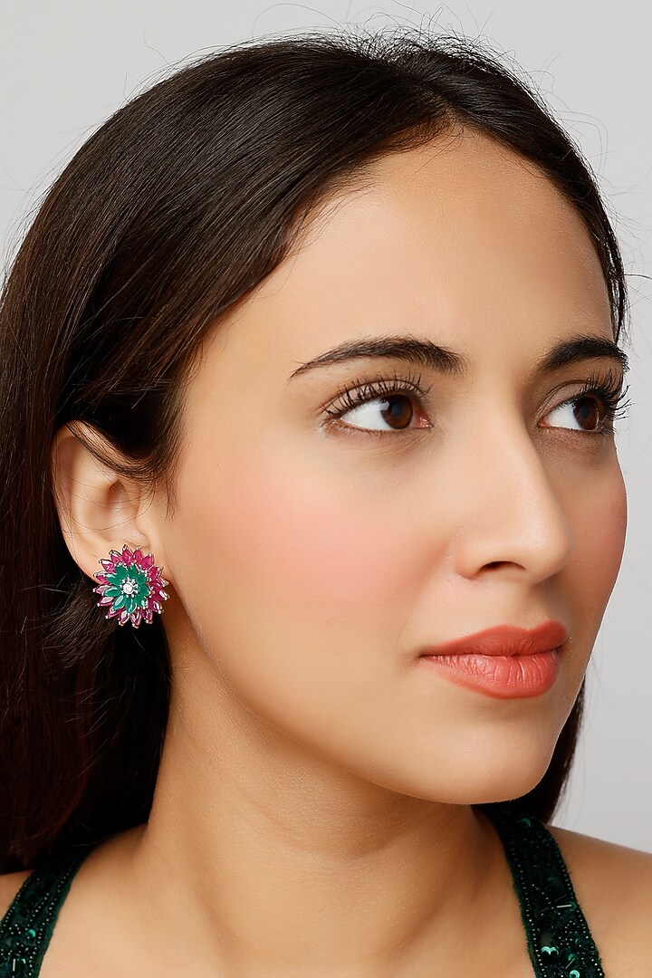 White Finish Zircon & Synthetic Stones Stud Earrings by Aster at Pernia's Pop Up Shop