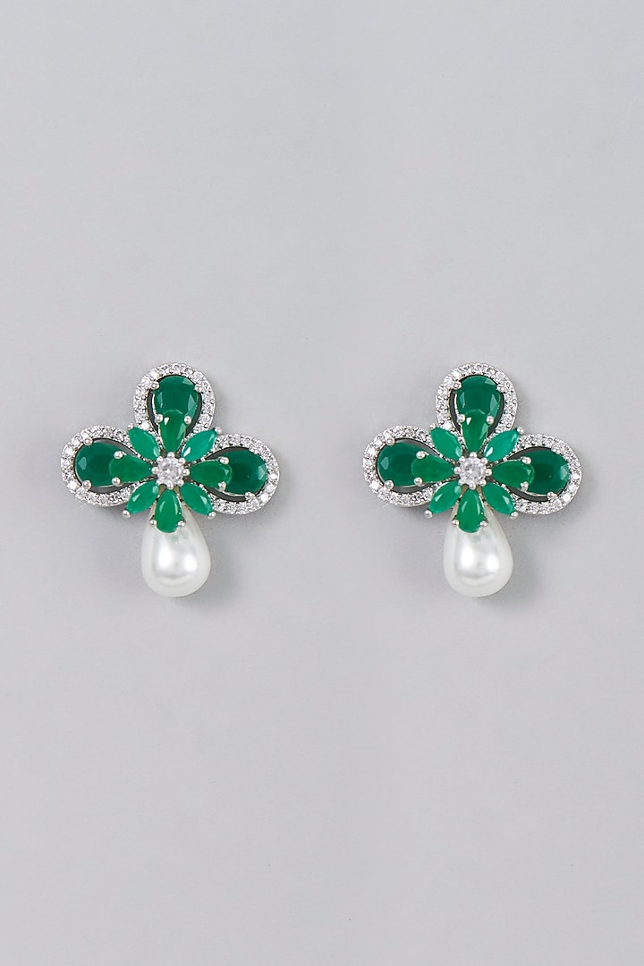 White Finish Pearls & Green Synthetic Stone Stud Earrings by Aster at Pernia's Pop Up Shop