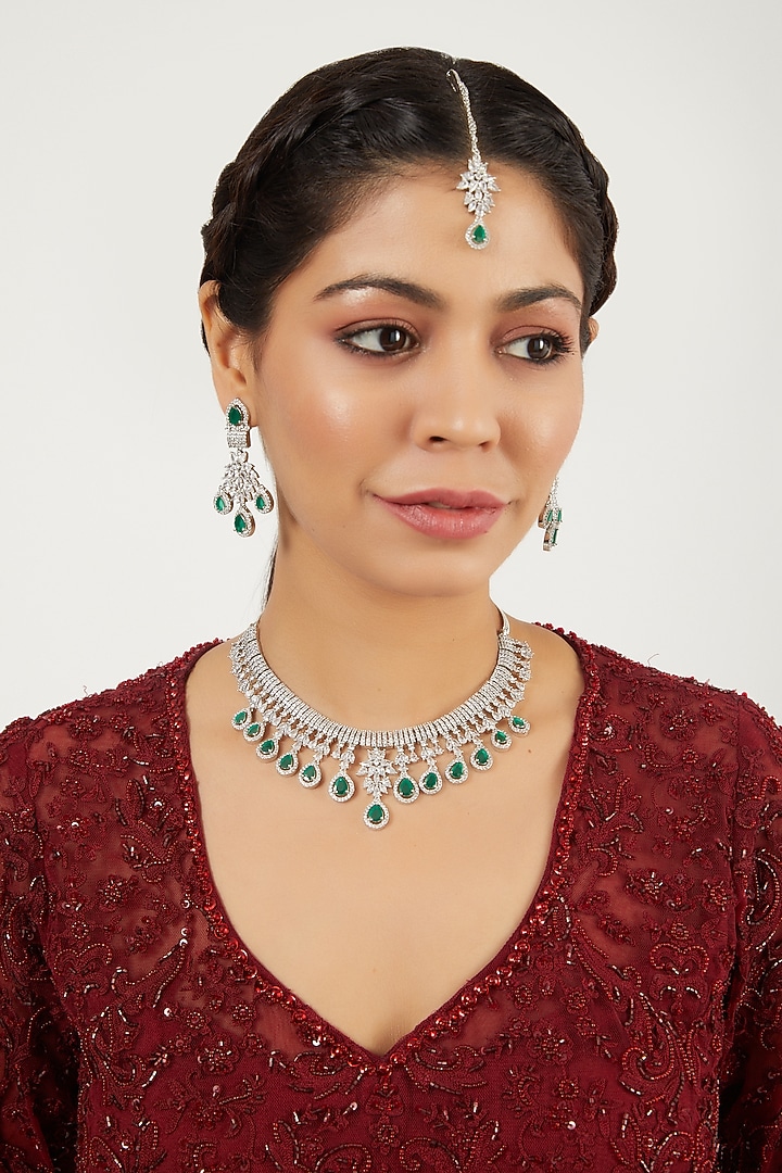White Finish Zircon & Green Synthetic Stone Necklace Set by Aster at Pernia's Pop Up Shop