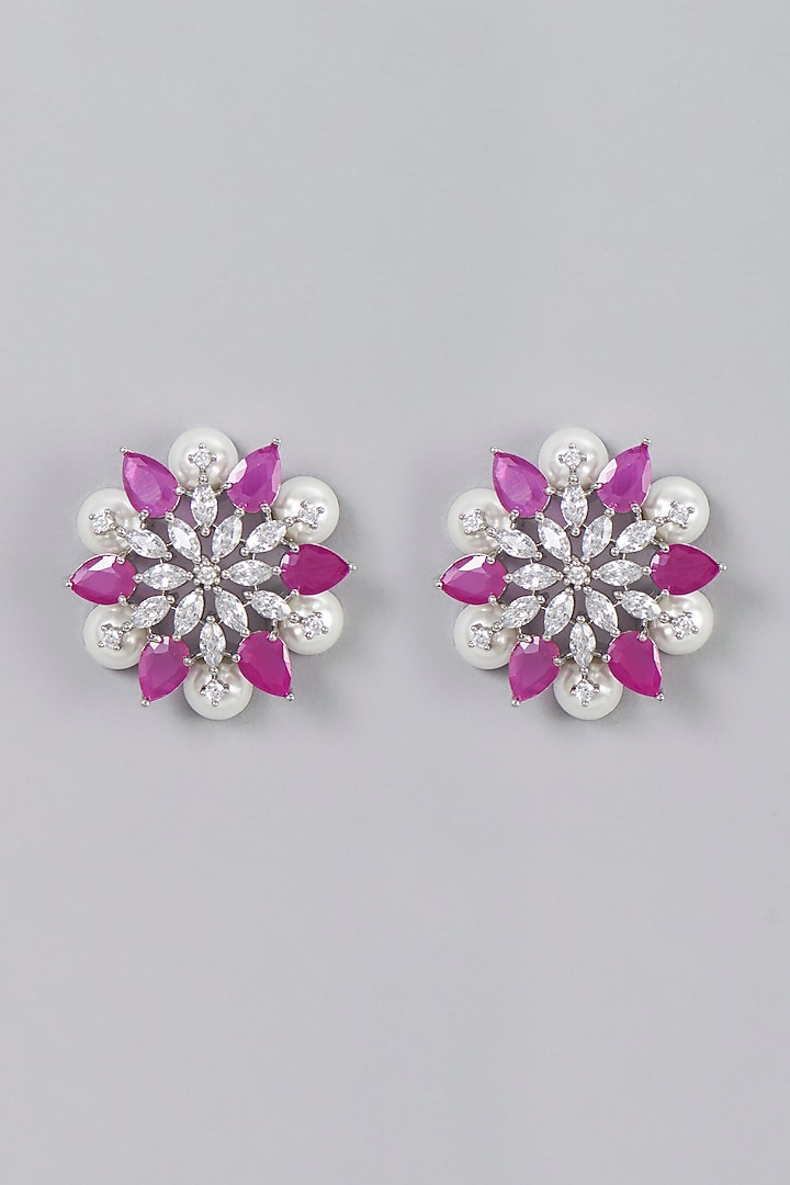 White Finish Zircon & Pink Synthetic Stones Stud Earrings by Aster at Pernia's Pop Up Shop