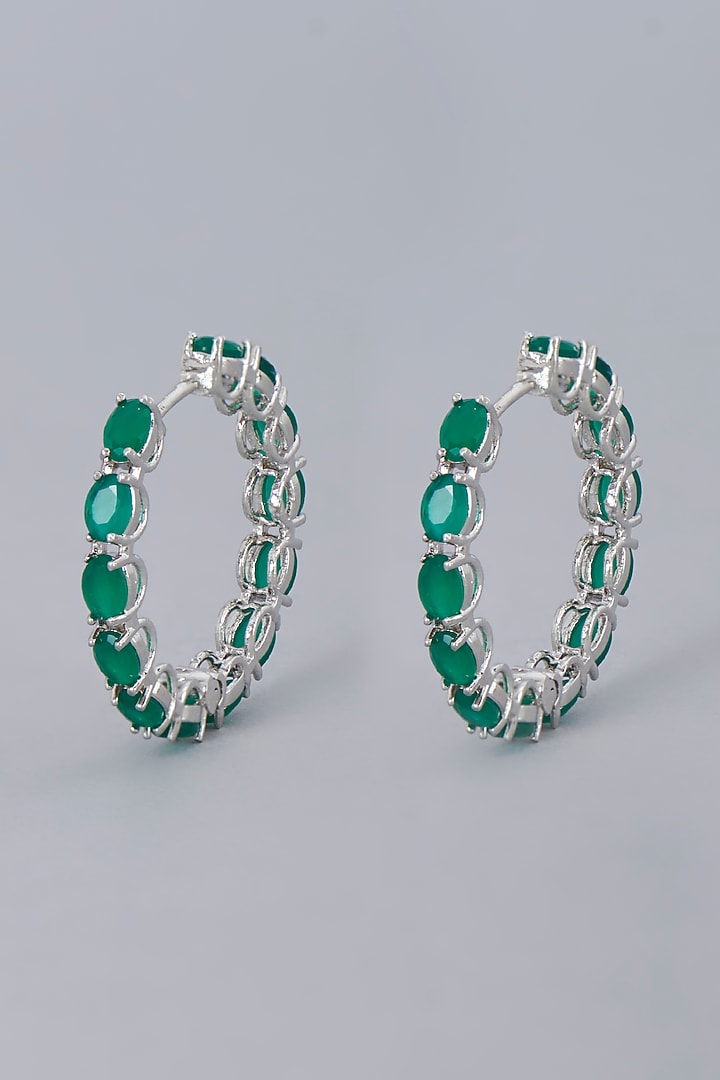 White Finish Green Synthetic Stone Hoop Earrings by Aster at Pernia's Pop Up Shop