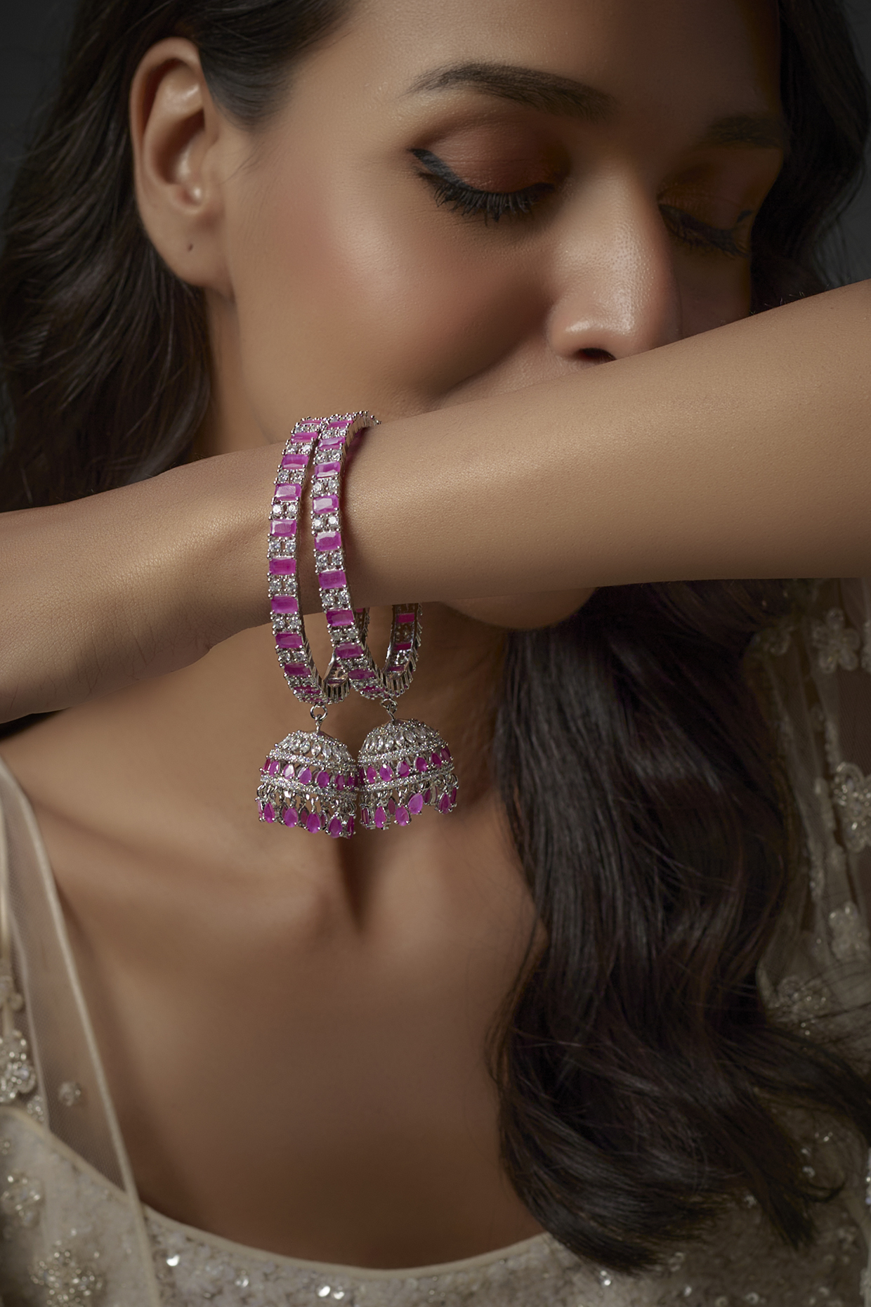 White Finish Red Stone & Zircon Bangles (Set of 2) by Aster at Pernia's Pop Up Shop