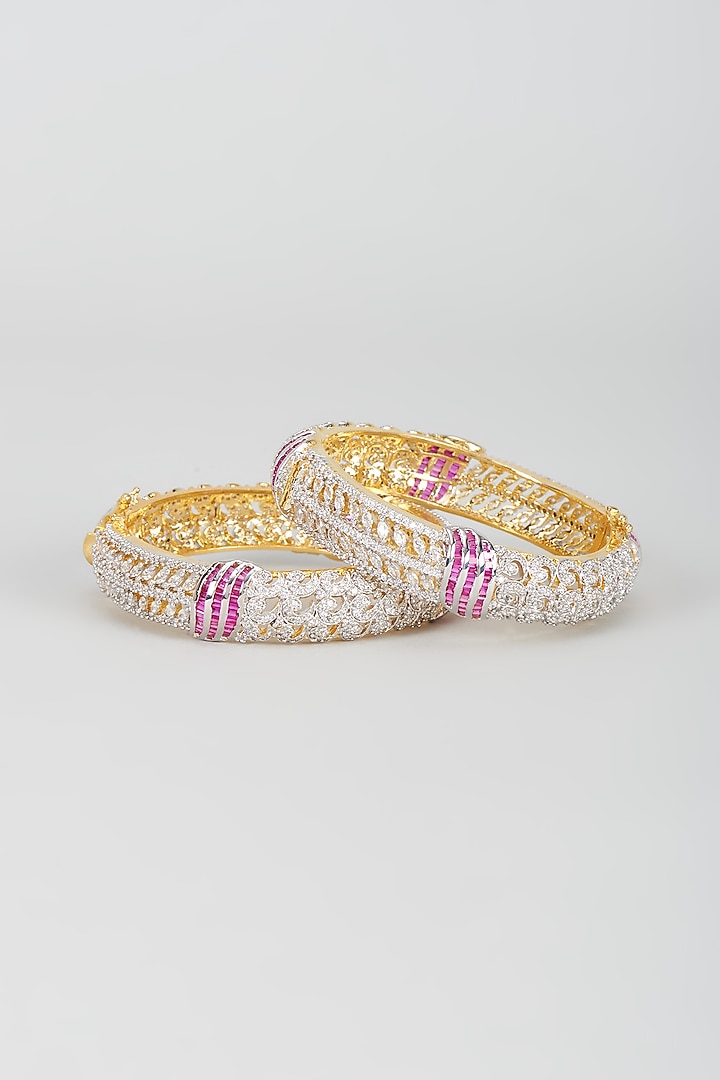 White Finish Red Stone & Zircon Bangles (Set of 2) by Aster at Pernia's Pop Up Shop