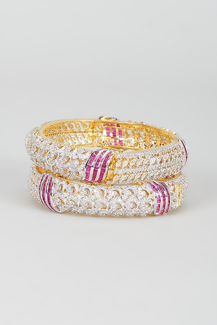 White Finish Red Stone & Zircon Bangles (Set of 2) by Aster at Pernia's Pop Up Shop
