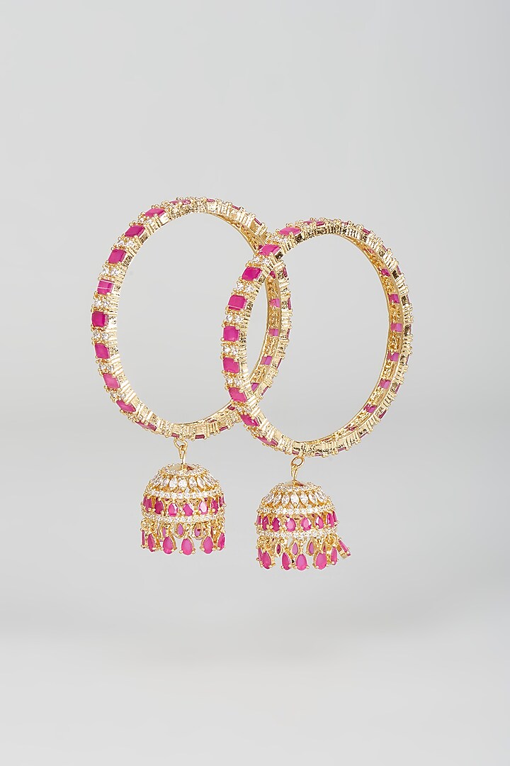 Gold Finish Red Stone & Zircon Bangles (Set of 2) by Aster at Pernia's Pop Up Shop