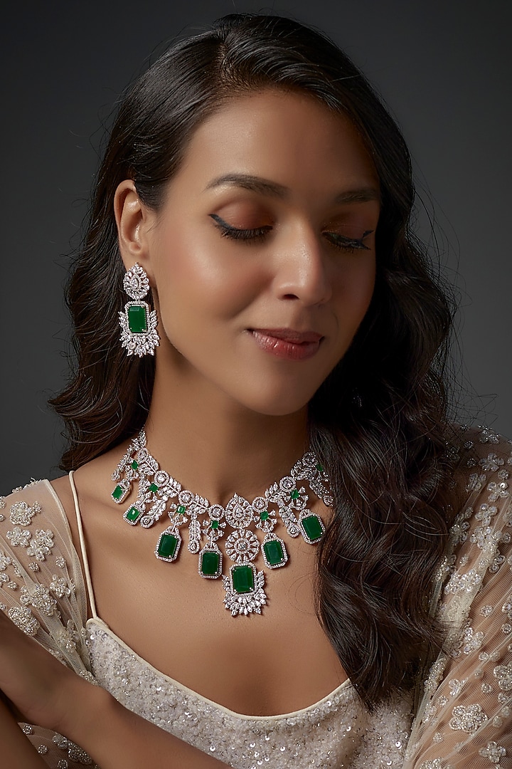 White Finish Zircon & Green Stone Necklace Set by Aster