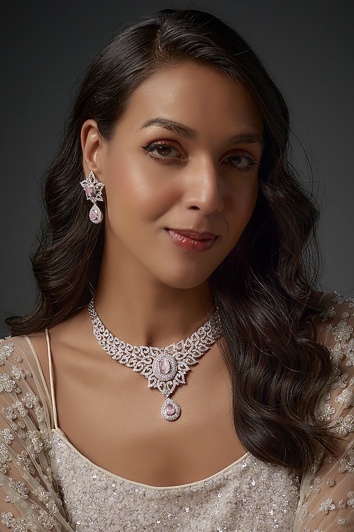 White Finish Zircon & Pink Stone Necklace Set by Aster at Pernia's Pop Up Shop