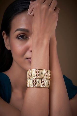 Gold Finish Zircon & Red Stone Bangles (Set of 2) by Aster