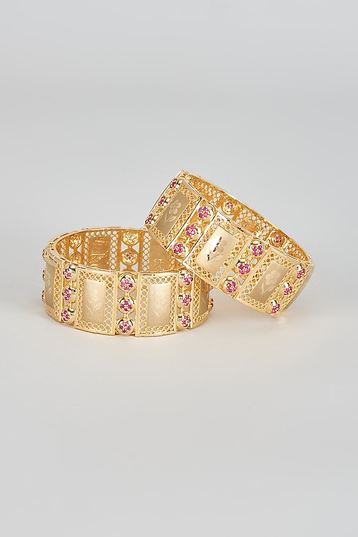Gold Finish Zircon & Red Stone Bangles (Set of 2) by Aster at Pernia's Pop Up Shop