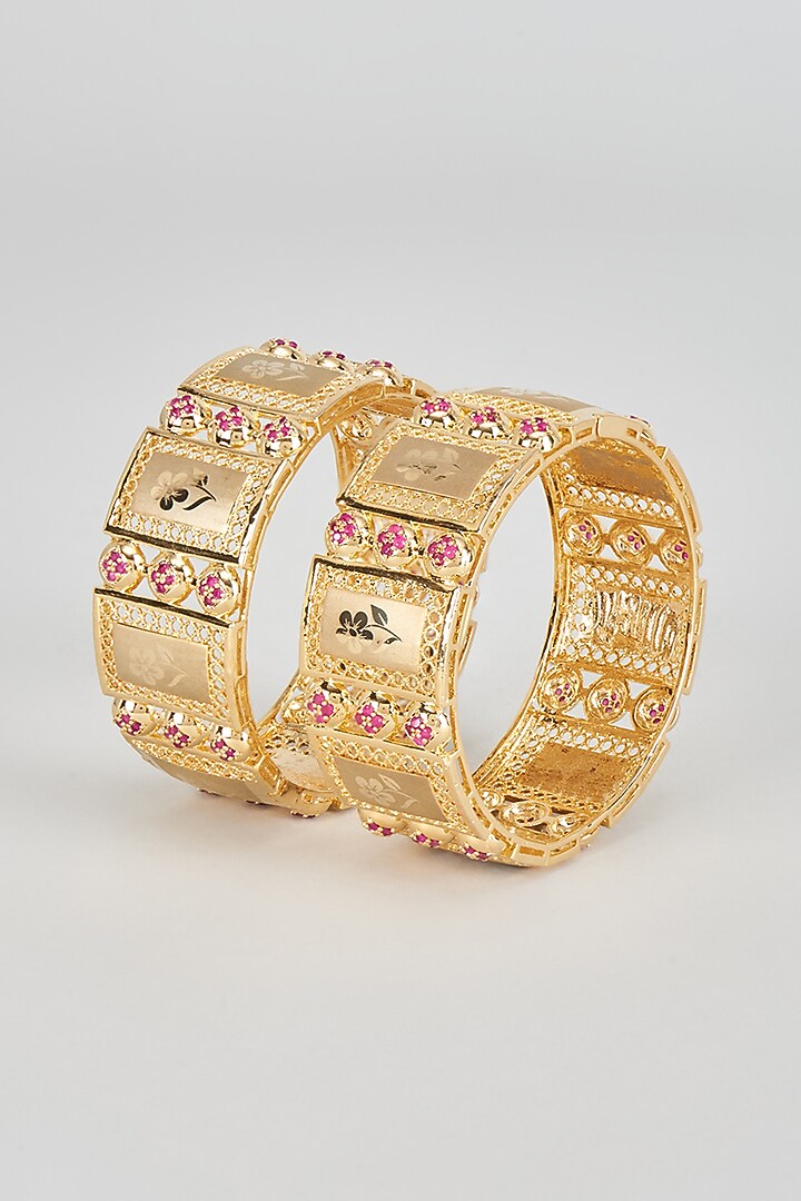 Gold Finish Zircon & Red Stone Bangles (Set of 2) by Aster at Pernia's Pop Up Shop